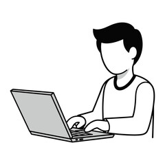 Faceless person typing on a gray laptop with black hair and blackrimmed shirt