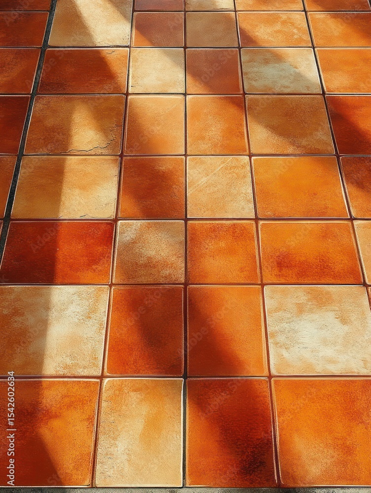 Poster sunlight casting soft shadows over a grid of warm orange and tan ceramic floor tiles showing texture