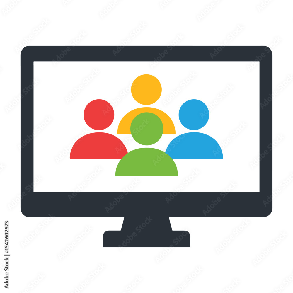 Poster computer monitor showing a digital video conference with four stylized colorful figures