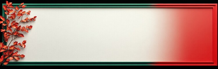 Rectangular frame with a gradient border from green to red enclosing a plain white textured background with decorative autumn leaves clustered on the left side