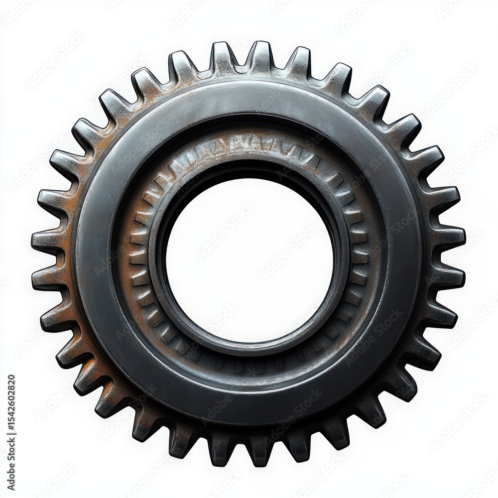 Poster close-up view of a metallic gear with evenly spaced teeth and a hollow center on a white background,