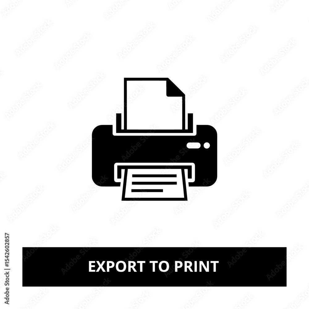Poster black white vector graphic of a printer ejecting a document with export to print text below