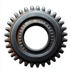 Close-up view of a metallic gear with evenly spaced teeth and a hollow center on a white background, showing texture and slight rust marks
