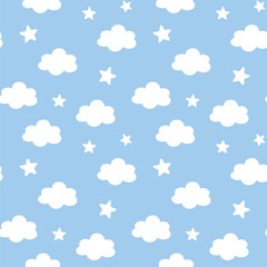 Cute White Clouds and Stars Seamless Pattern on Blue Sky Background for Nursery or Baby Design