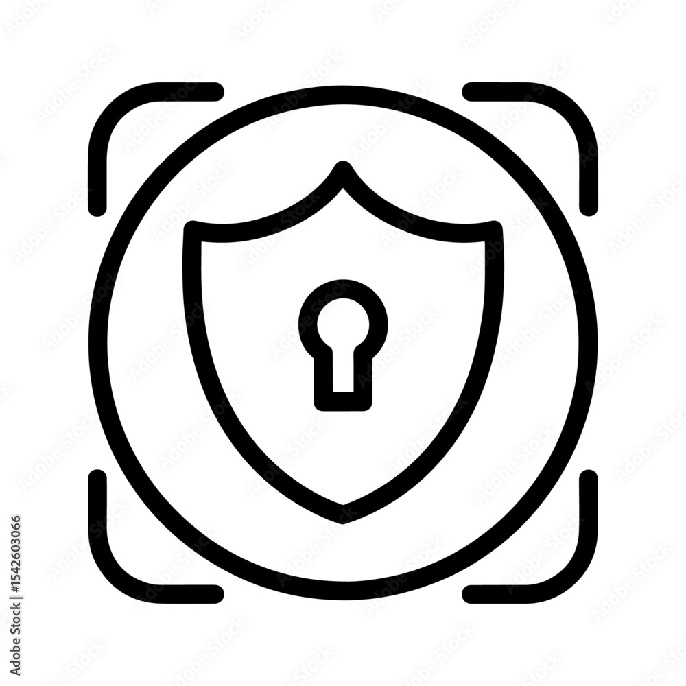 Poster black lined icon with shield keyhole circle corners indicating security tech