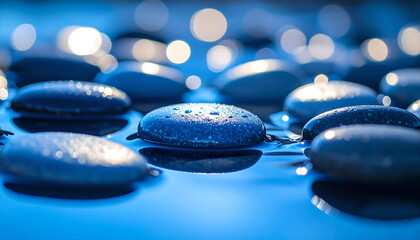 Calm blue water reflects wet stones, promoting peace and relaxation concepts.
