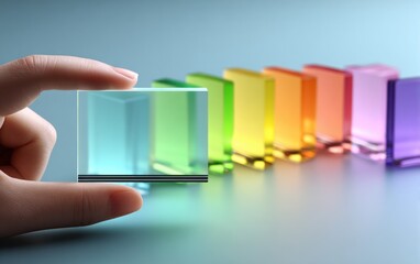 A hand holds a clear rectangular prism, while colorful prisms are lined up in the background