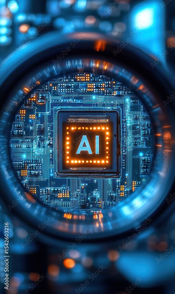 Poster close-up digital circuit board with glowing orange lights and a central processor chip labeled ai, s
