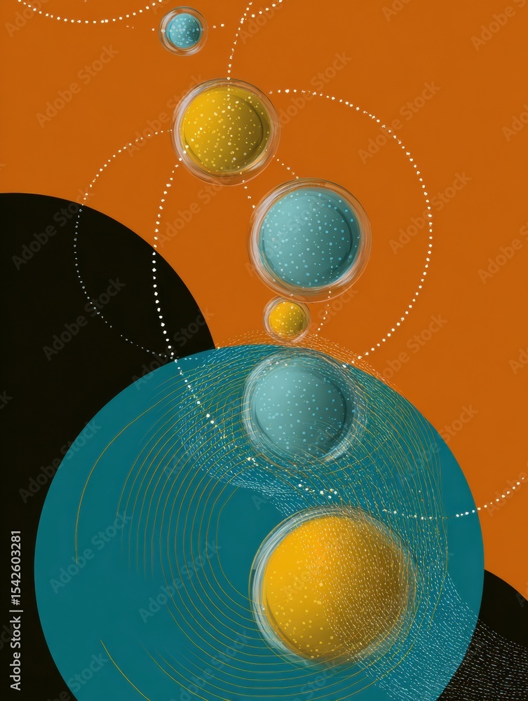 Poster network of care illustrated by floating bubbles connected with curved dotted lines on a warm backgro