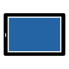 A tablet with a black frame and a blue screen is depicted