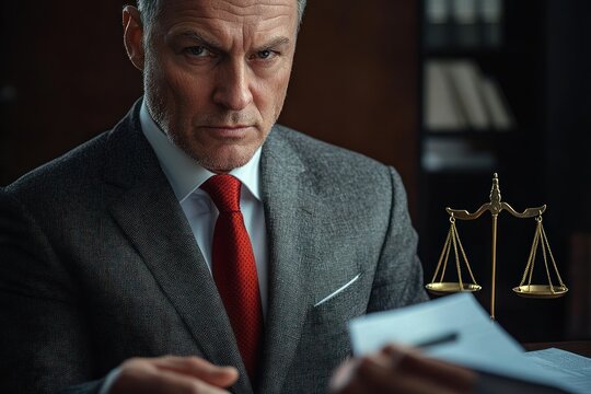 serious businessman in gray suit and red tie sitting at desk holding documents with golden justice scales in background - Powered by Adobe