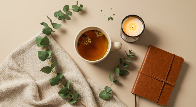 Horizontal Flat Lay of Boho Wellness Setup with Tea, Candle and Journal &ndash; Neutral Cozy Style
