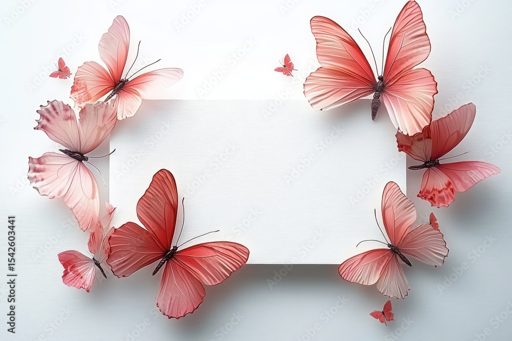 Poster delicate pink and red butterflies surrounding a blank white rectangular card on a clean light backgr
