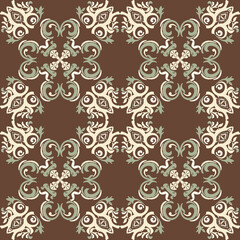Seamless vintage damask floral tile design in brown and earthy tones, perfect for textile prints and home decor.