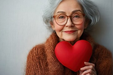 elderly woman with gray hair and glasses smiling warmly while holding a red heart-shaped object close to her chest dressed in a cozy brown knitted sweater