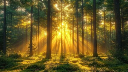 Fototapeta premium Golden sunlight beams piercing through tall trees in a lush green forest during early morning, creating serene and peaceful atmosphere