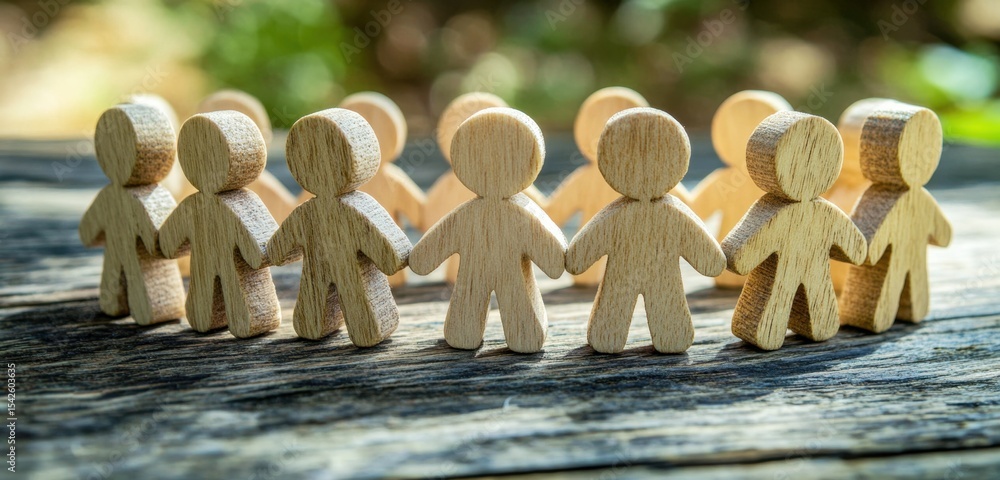 Poster wooden figures holding hands in unity on a rustic wooden table surrounded by a soft, blurred natural