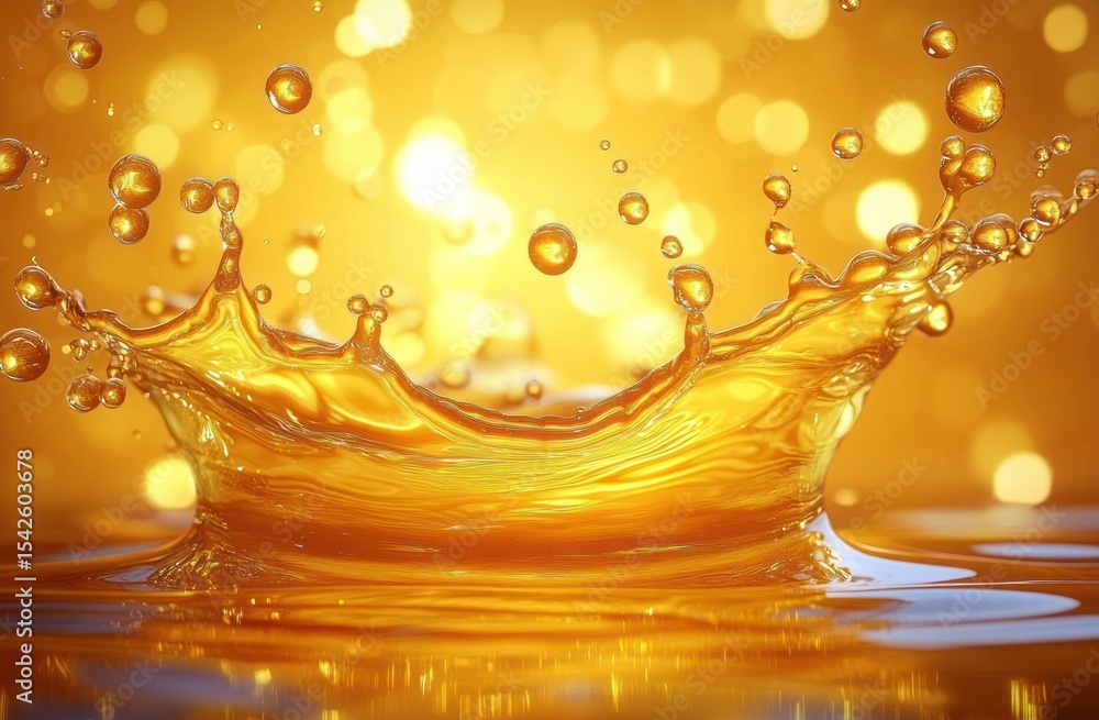 Poster close-up of a vibrant golden liquid splash with droplets suspended mid-air against a glowing bokeh b