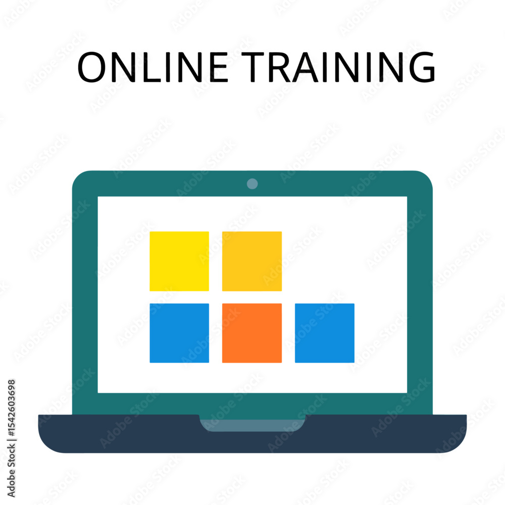 Poster a laptop shows a screen with colorful blocks arranged in a pattern online training is written above