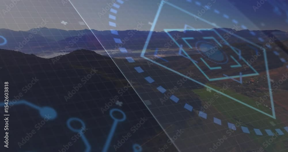 Poster transparent grid fading in activating rotating hexagon and nodes over mountains for data mapping