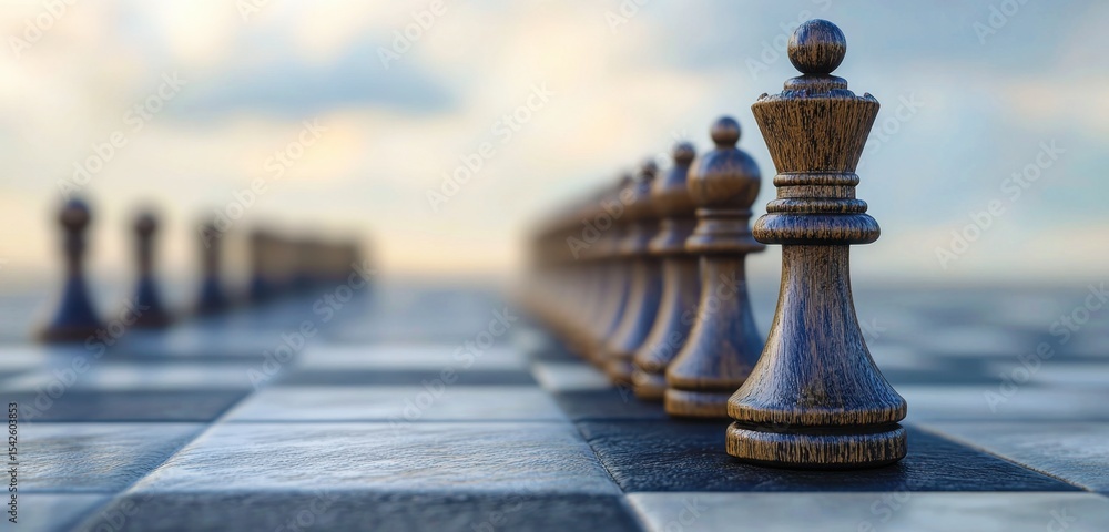 Poster close-up view of chess pieces on board with soft focus background and dramatic lighting capturing st