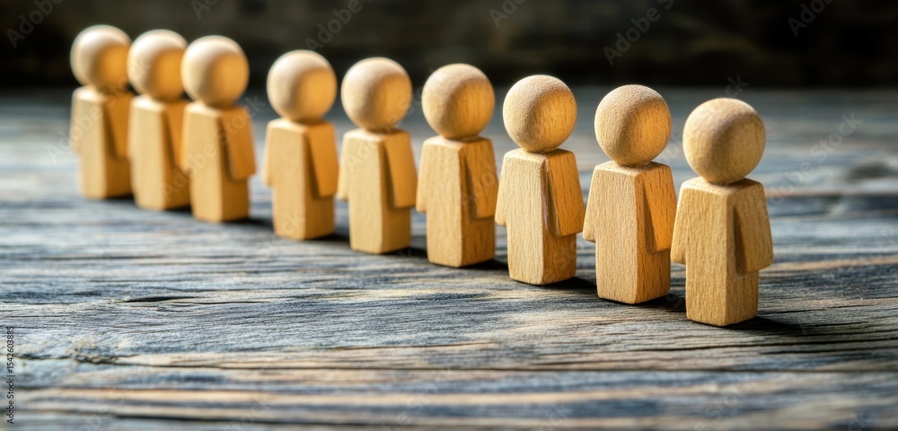 Poster simple wooden figures representing standstill in a row on a rustic wooden surface ideal for conceptu
