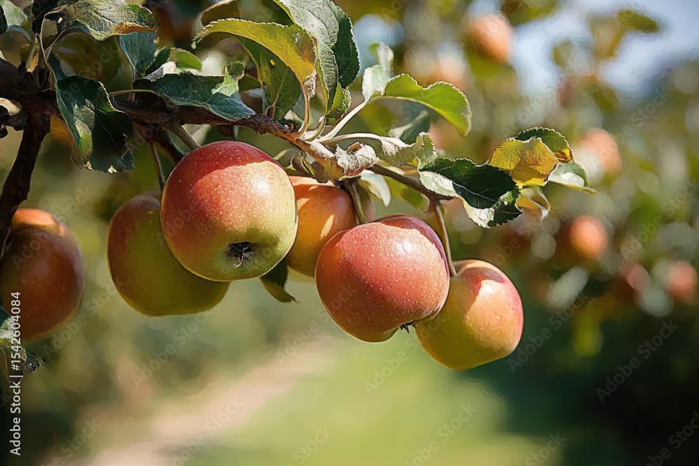 Aufkleber cluster of ripe red apples hanging from leafy branches on an apple tree in an orchard with a blurred