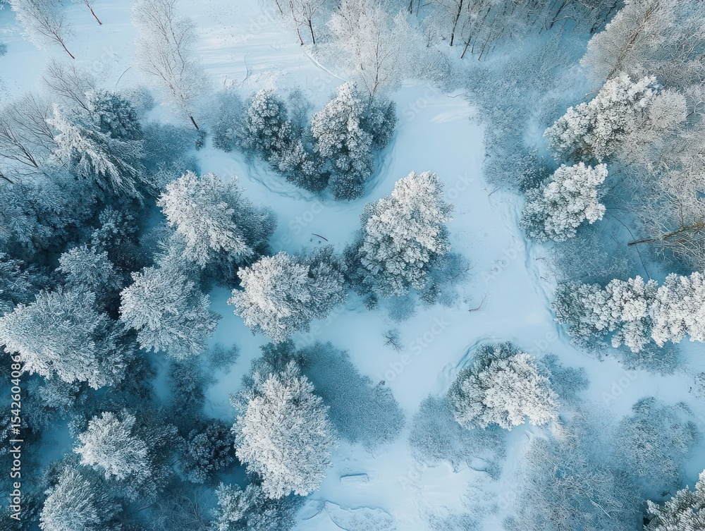 Poster aerial view of a snow-covered forest with frosted trees and winding paths creating a serene and peac