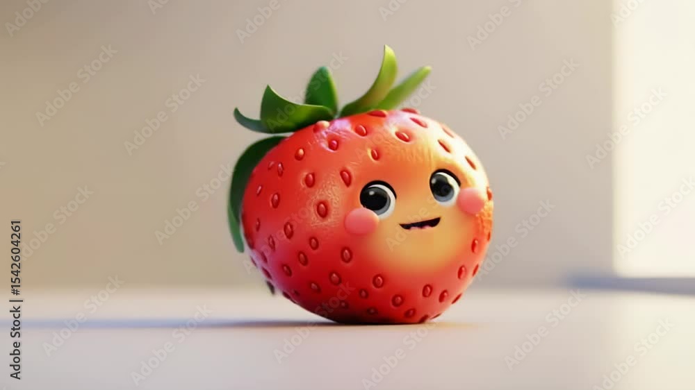 Poster cute 3d animated strawberry character with a smiling face