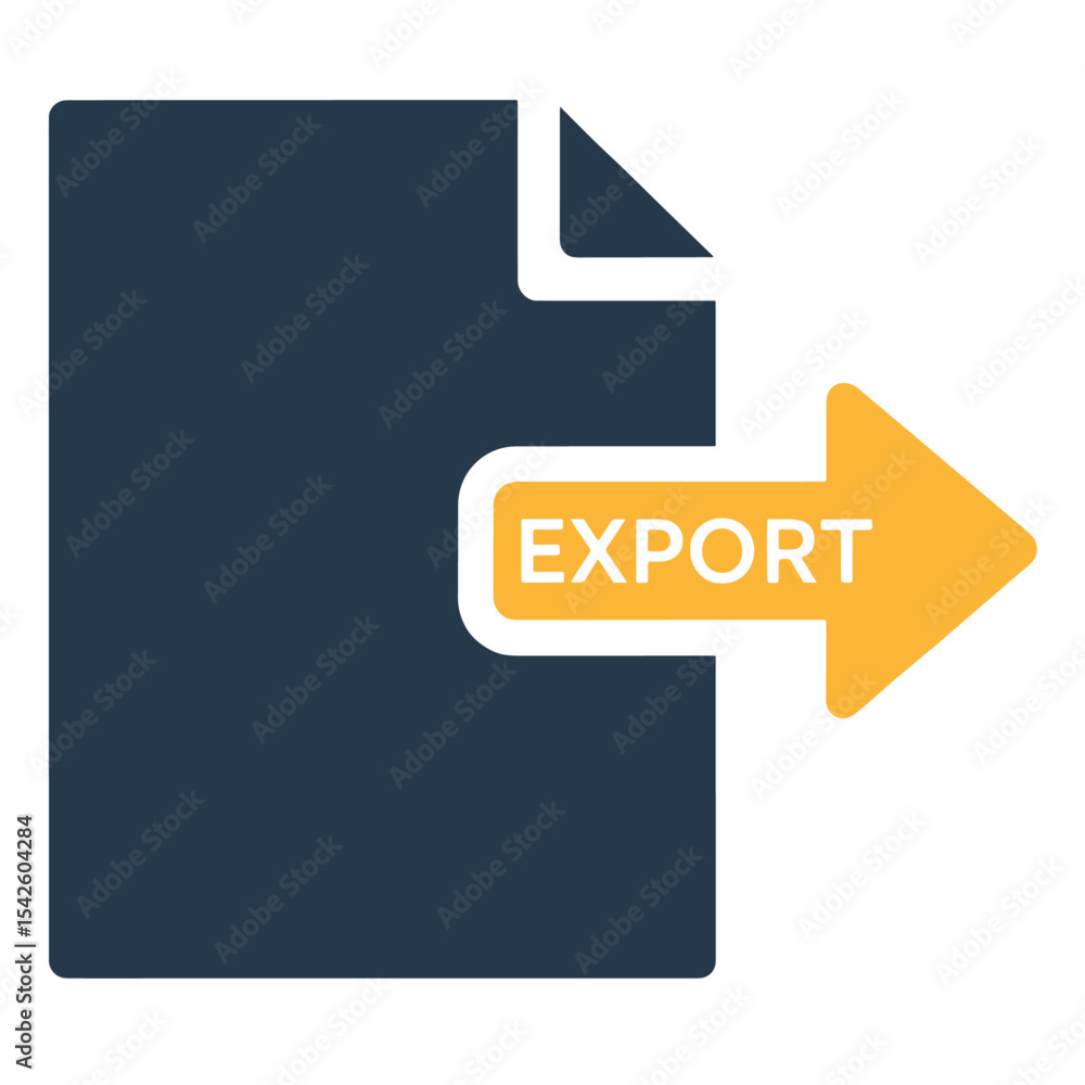 Poster a blue document with a folded topright corner has a gold arrow pointing right with the word export o
