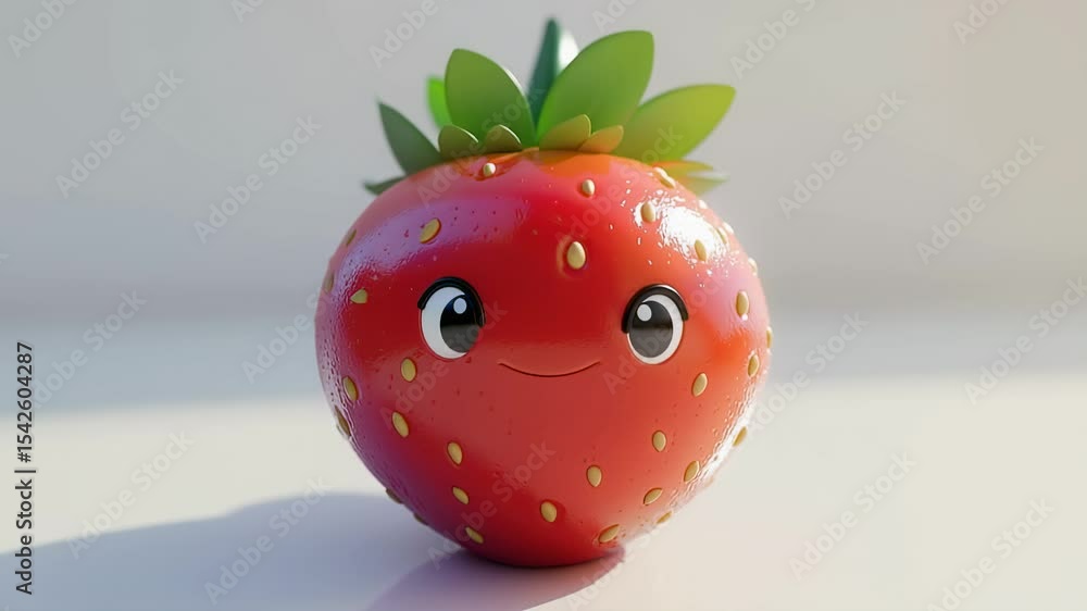 Poster cute 3d render of a strawberry with a smiling face