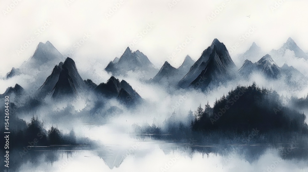Poster misty mountain landscape with sharp peaks rising above fog and dense pine forests reflected in calm 