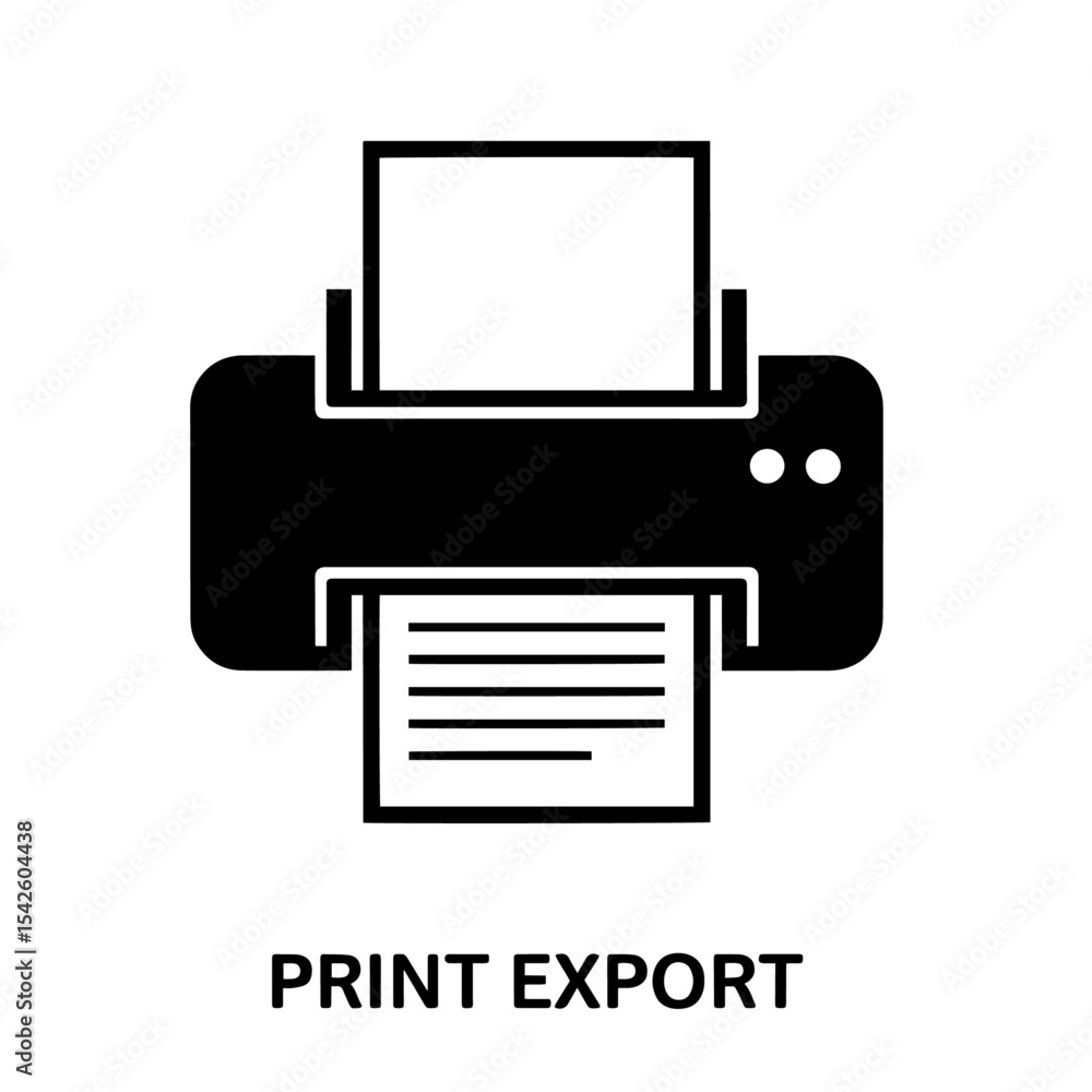 Poster a black printer symbol ejects a document with lines print export is printed beneath the icon