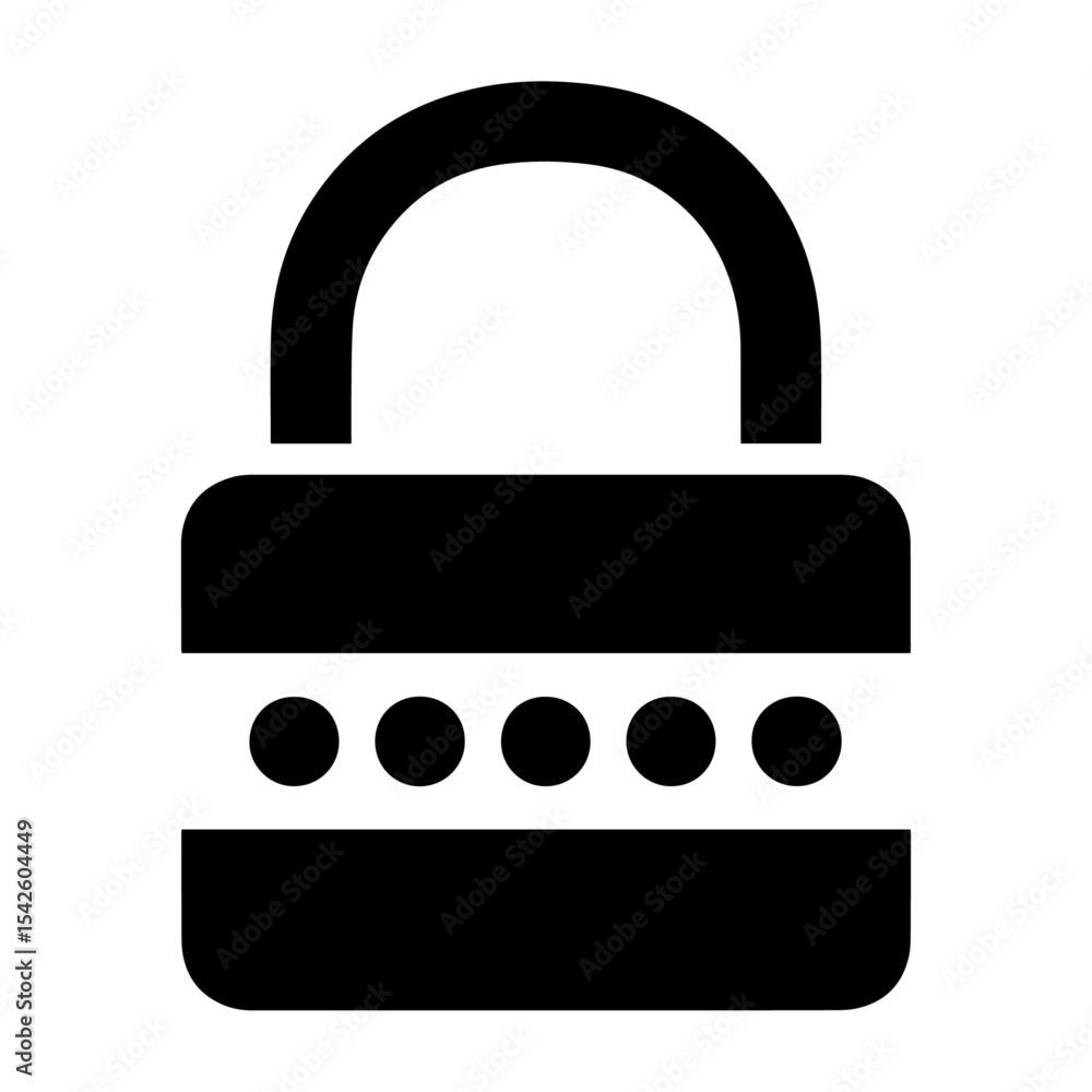 Poster a black padlock icon with a rounded shackle and five circular tumblers set between two rectangular s