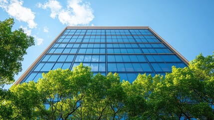 Modern glass office building reflecting blue sky and white clouds with green tree tops in foreground under bright sunlight
