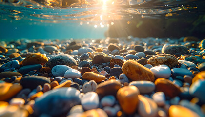 Obraz premium Underwater Sunlight Dazzles Smooth River Rocks in Serene, Abstract Nature Scene