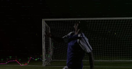 Soccer player tracking ball and executing bicycle kick while candlestick chart showing tech metrics