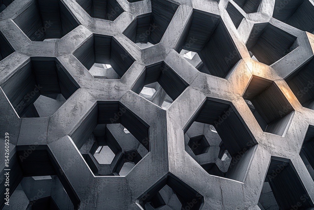 Poster close-up view of a futuristic concrete honeycomb structure with hexagonal openings casting deep shad