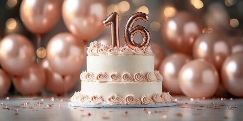 Two-tier white frosted cake with pink decorative swirls and rose gold number 16 candles surrounded by rose gold balloons and confetti for a sweet celebration