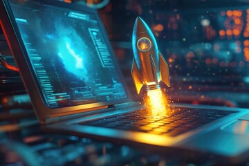 Laptop with a rocket launching from the keyboard, futuristic graphic interface