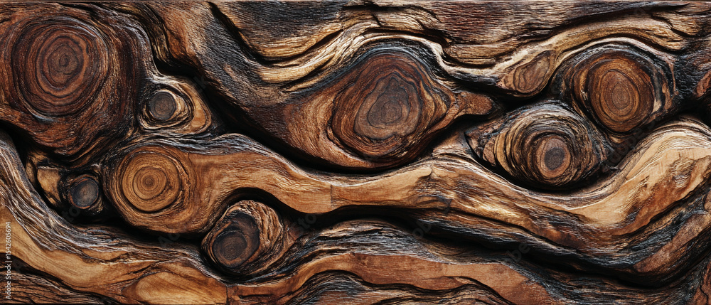 Poster close up of a textured wooden surface with circular patterns and winding grain lines