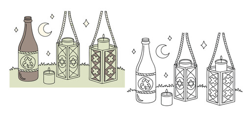 Eco-friendly illustration depicting recycled bottle candle and star lanterns with geometric designs against a night sky