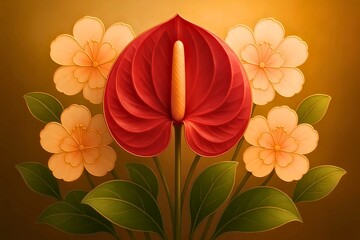 Bright red anthurium with soft yellow blossoms in elegant botanical digital art on golden background