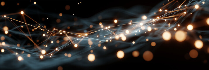 Abstract digital network with interconnected glowing nodes and flowing light strands on a dark background, symbolizing data, connectivity, and technology.
