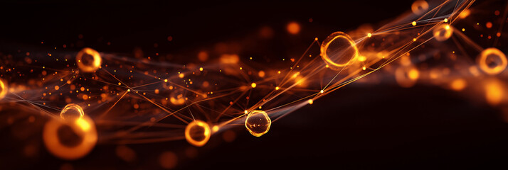 Abstract digital network with glowing orange nodes and connecting lines on a dark background, representing data flow and connectivity.