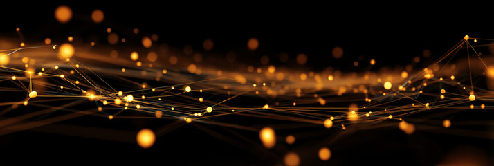 Abstract digital network with glowing orange nodes connected by fine lines on a dark background, representing data flow or technology connections.