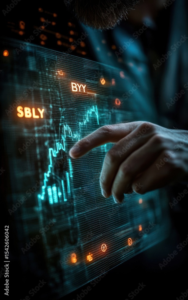 Poster close-up of a person analyzing dynamic digital stock market charts and data on a futuristic transpar