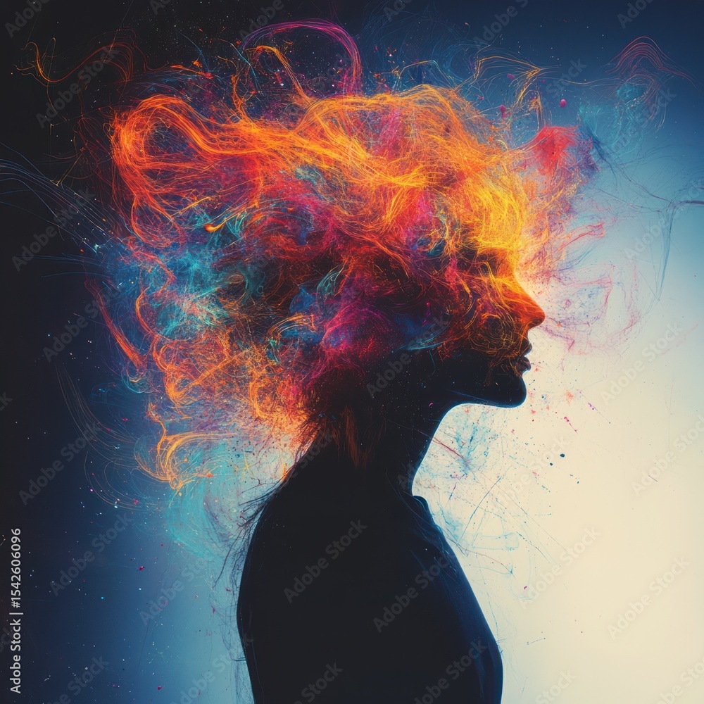 Poster silhouette of a person with vibrant, fiery, multicolored abstract light streaks emanating from their