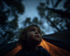 A young child looks up in awe at a star-filled night sky, illuminated softly by the warm glow of a nearby tent in a dark forest setting.