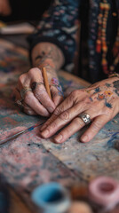 A close-up of tattooed hands engaged in detailed artistic drawing or painting on a textured surface.